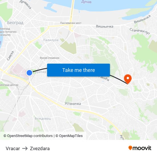 Vracar to Zvezdara map