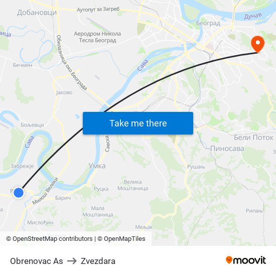 Obrenovac Аs to Zvezdara map
