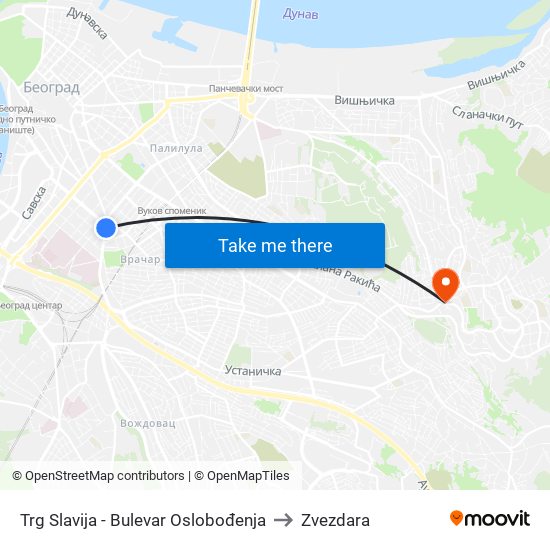 Trg Slavija - Bulevar Oslobođenja to Zvezdara map