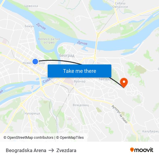 Beogradska Arena to Zvezdara map
