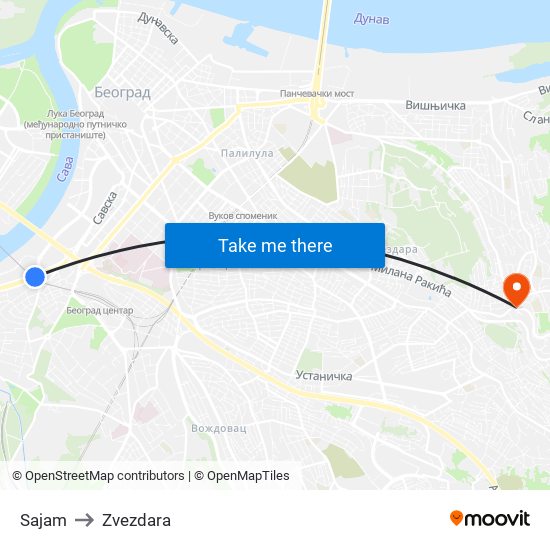 Sajam to Zvezdara map
