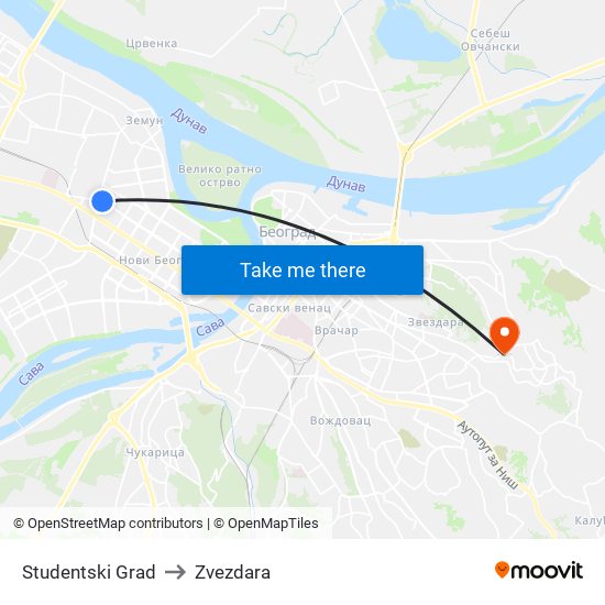Studentski Grad to Zvezdara map