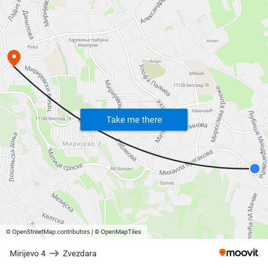 Mirijevo 4 to Zvezdara map
