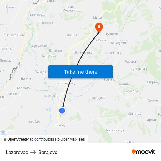 Lazarevac to Barajevo map