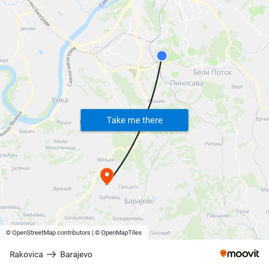 Rakovica to Barajevo map