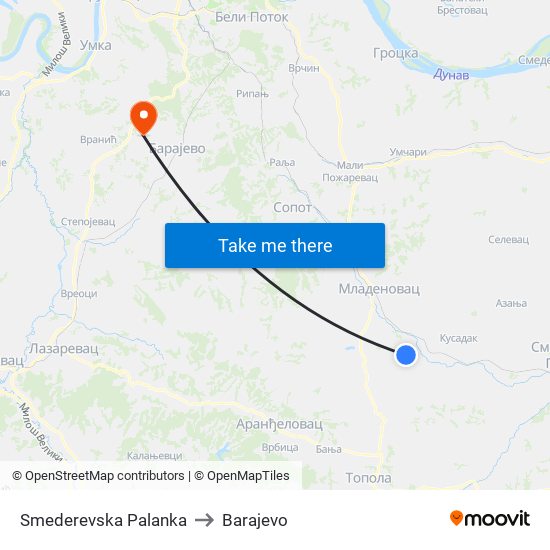 Smederevska Palanka to Barajevo map