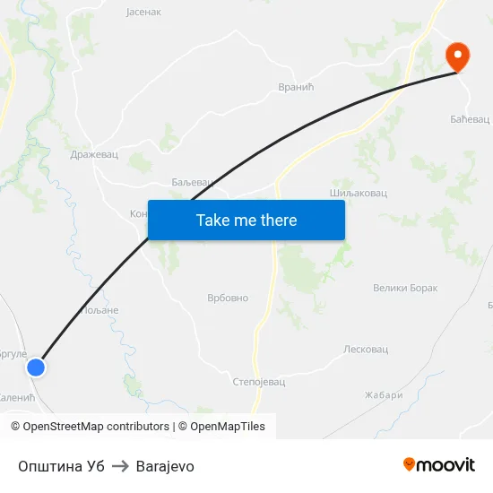 Ub Municipality to Barajevo map