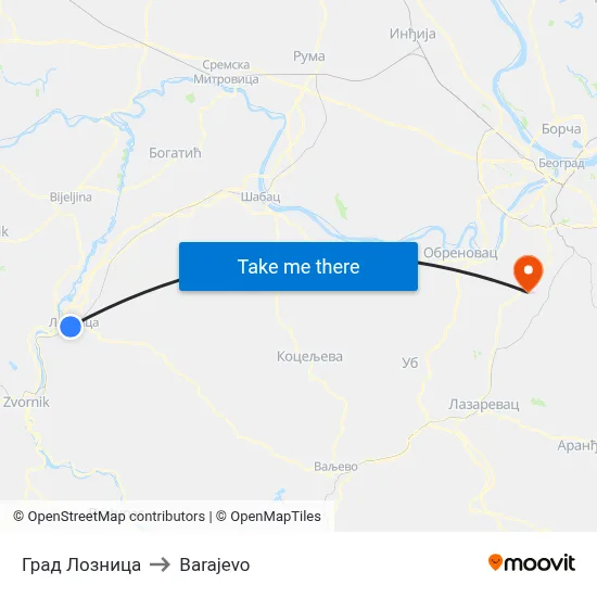 City of Loznica to Barajevo map
