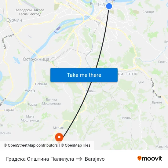 Palilula Municipality to Barajevo map