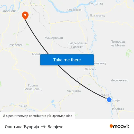 Ćuprija Municipality to Barajevo map