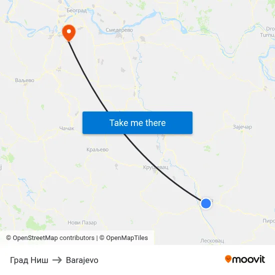 City of Niš to Barajevo map