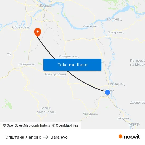 Lapovo Municipality to Barajevo map