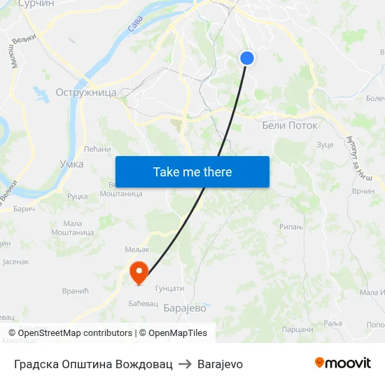 Vozdovac City Municipality to Barajevo map