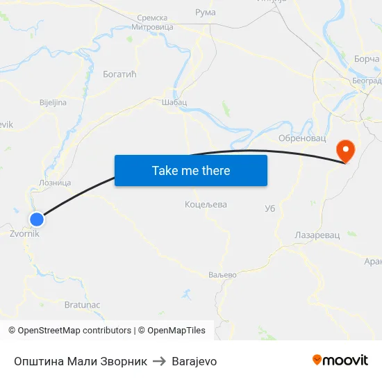 Mali Zvornik Municipality to Barajevo map