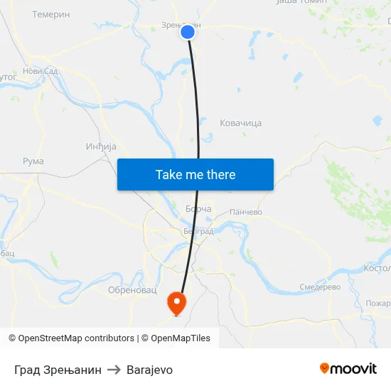 City of Zrenjanin to Barajevo map