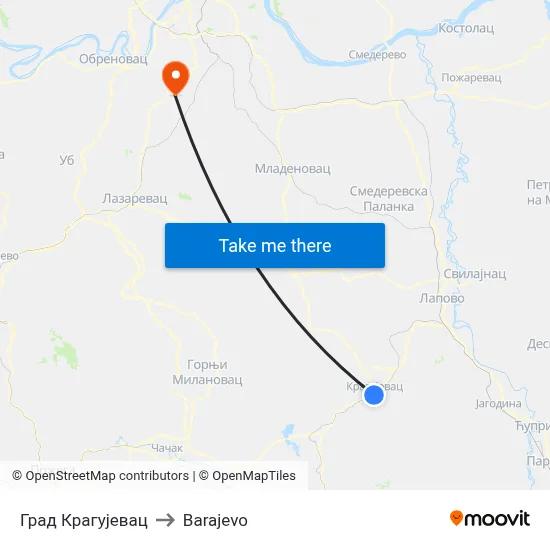 Kragujevac City to Barajevo map