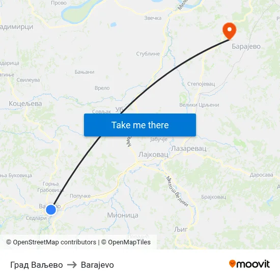 City of Valjevo to Barajevo map