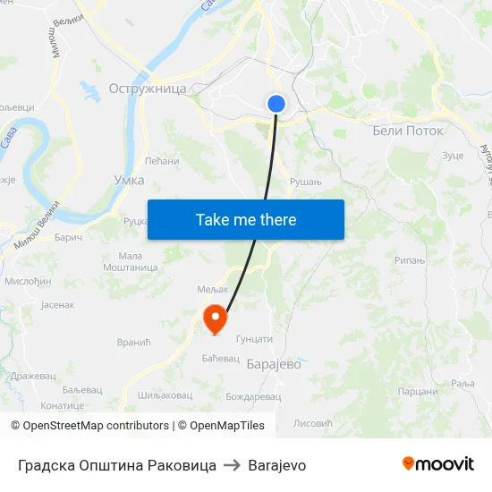 Rakovica City Municipality to Barajevo map