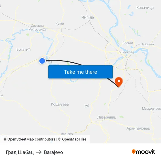 City of Šabac to Barajevo map