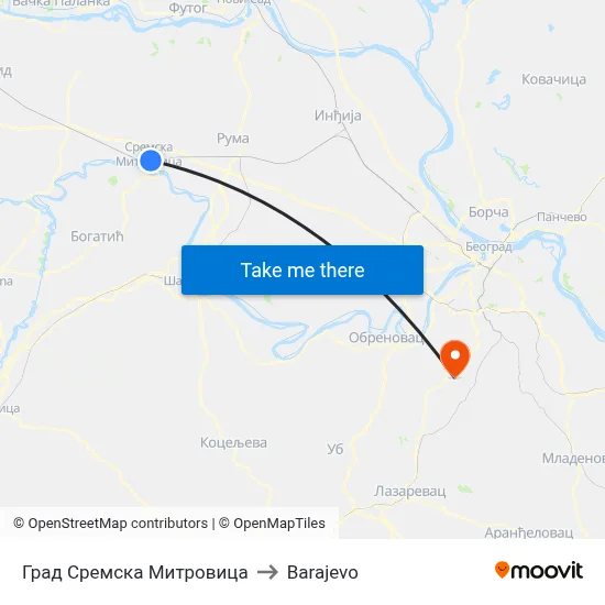 City of Sremska Mitrovica to Barajevo map