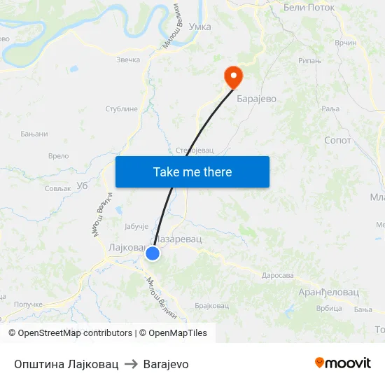 Lajkovac Municipality to Barajevo map