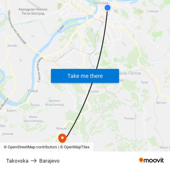 Takovska to Barajevo map