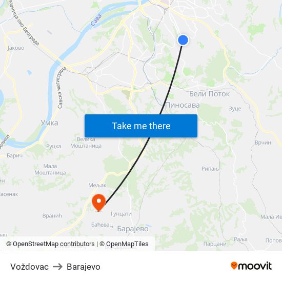 Voždovac to Barajevo map