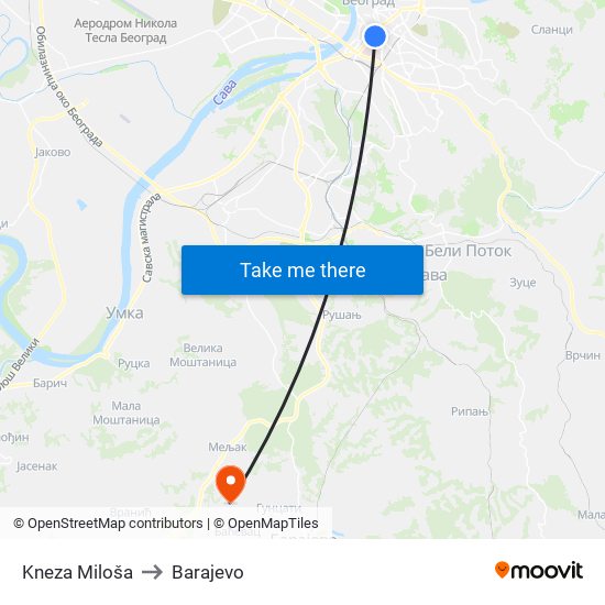 Kneza Miloša to Barajevo map