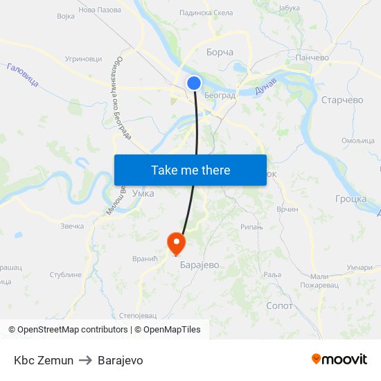 Kbc Zemun to Barajevo map