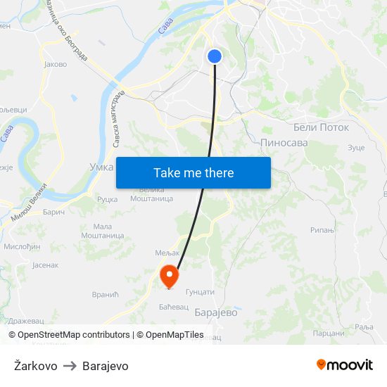 Žarkovo to Barajevo map