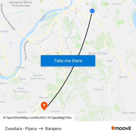 Zvezdara - Pijaca to Barajevo map