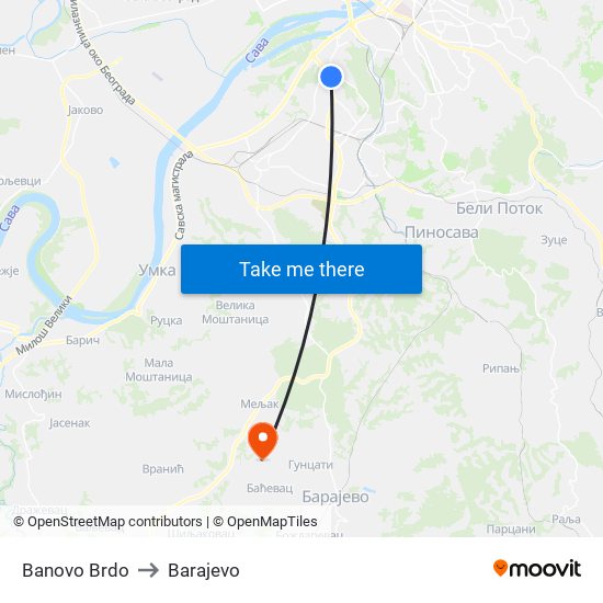 Banovo Brdo to Barajevo map