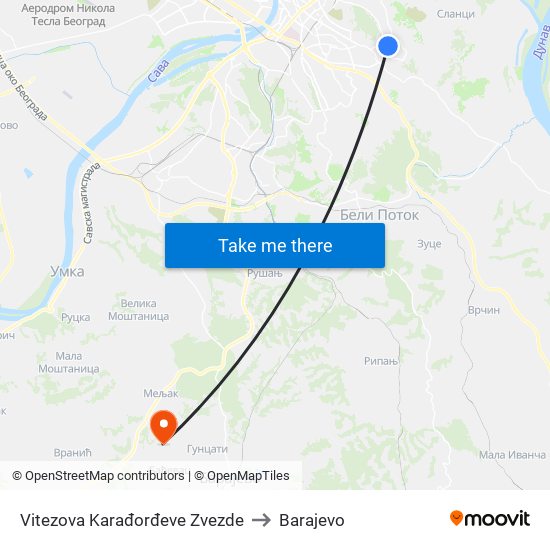 Vitezova Karađorđeve Zvezde to Barajevo map