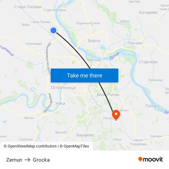 Zemun to Grocka map