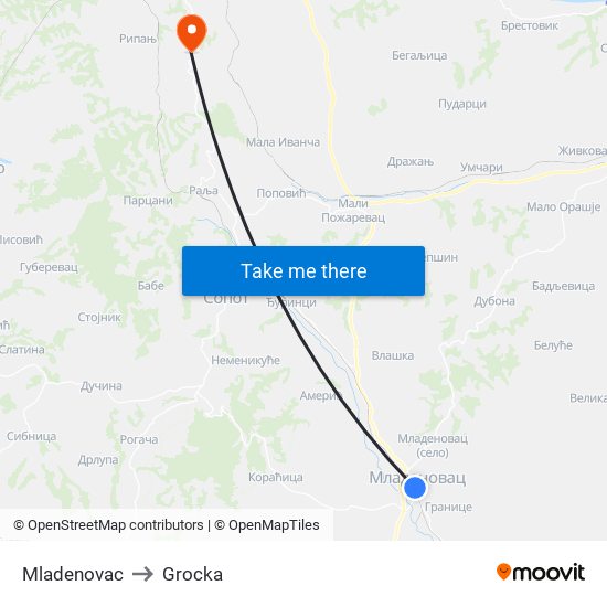 Mladenovac to Grocka map