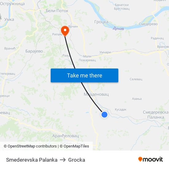 Smederevska Palanka to Grocka map