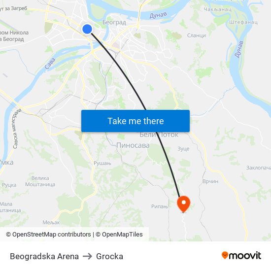 Beogradska Arena to Grocka map