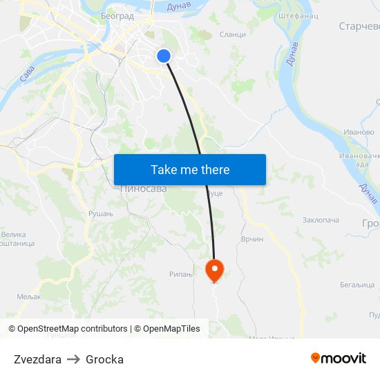 Zvezdara to Grocka map