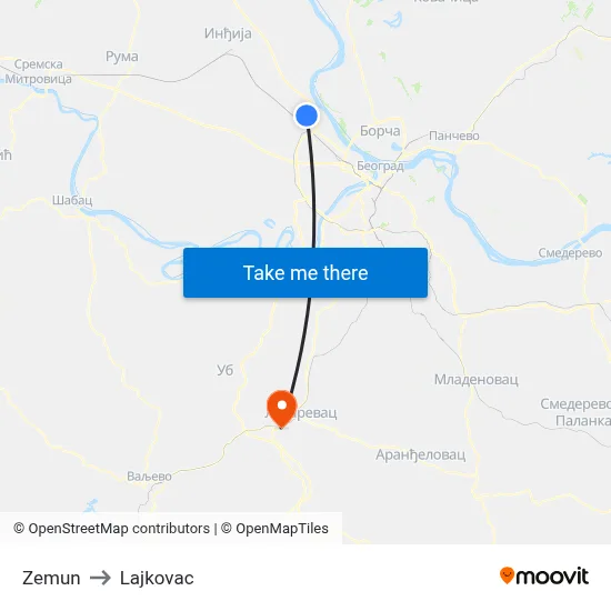 Zemun to Lajkovac map