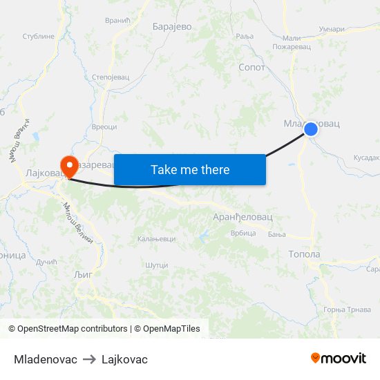 Mladenovac to Lajkovac map