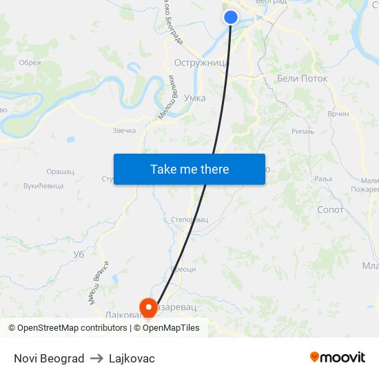 Novi Beograd to Lajkovac map