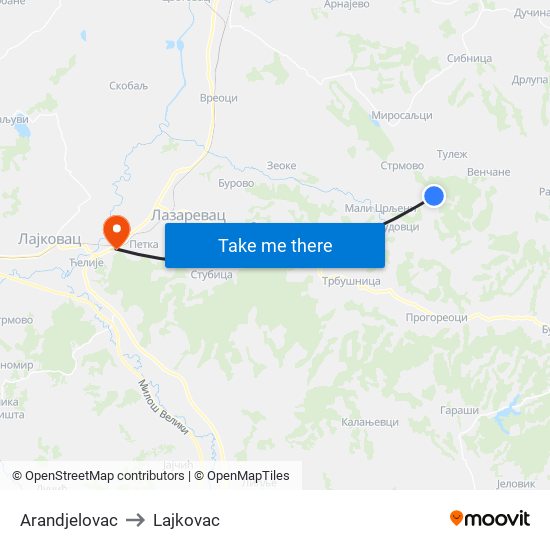 Arandjelovac to Lajkovac map