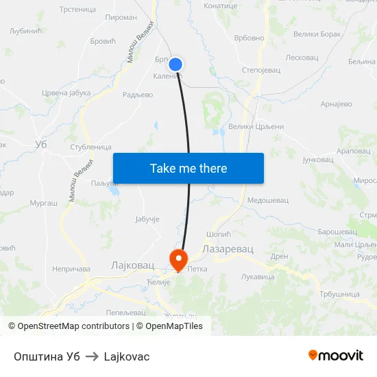 Ub Municipality to Lajkovac map