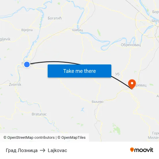 City of Loznica to Lajkovac map
