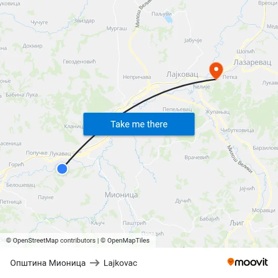 Mionica Municipality to Lajkovac map
