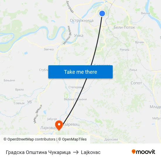 Cukarica City Municipality to Lajkovac map