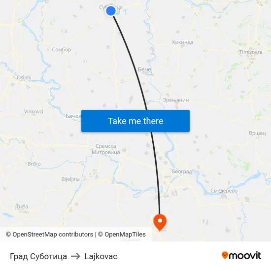Subotica City to Lajkovac map