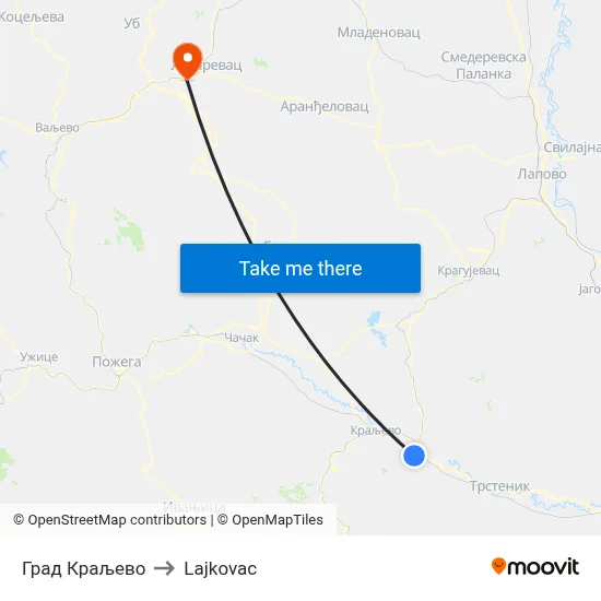City of Kraljevo to Lajkovac map