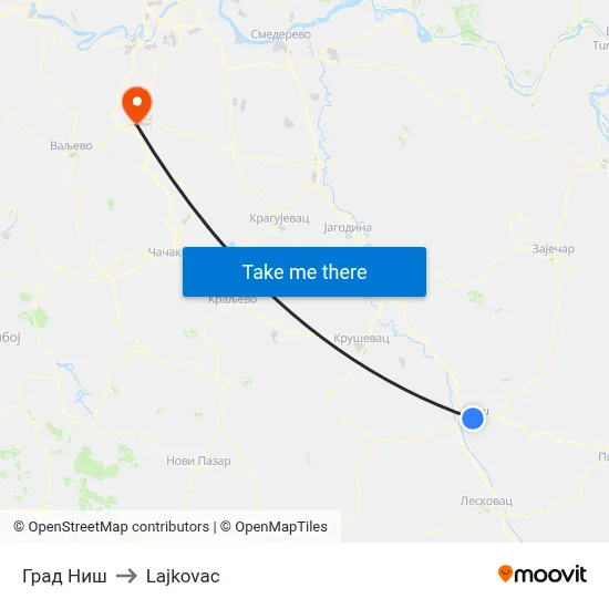 City of Niš to Lajkovac map