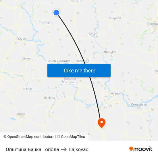 Bačka Topola Municipality to Lajkovac map